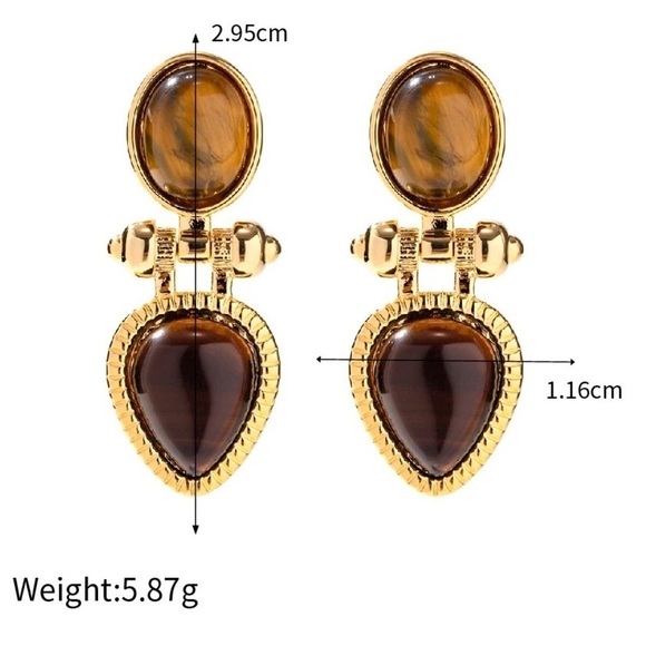 18K Gold Plated Natural Stone Tiger Eye Earrings - Picture 5 of 8
